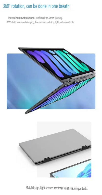 Intel N100 dual-screen laptop with 14-inch 2K touch display, 32GB RAM, 360-degree flip metal case, 2-in-1 design, R.E.D. Shopping.