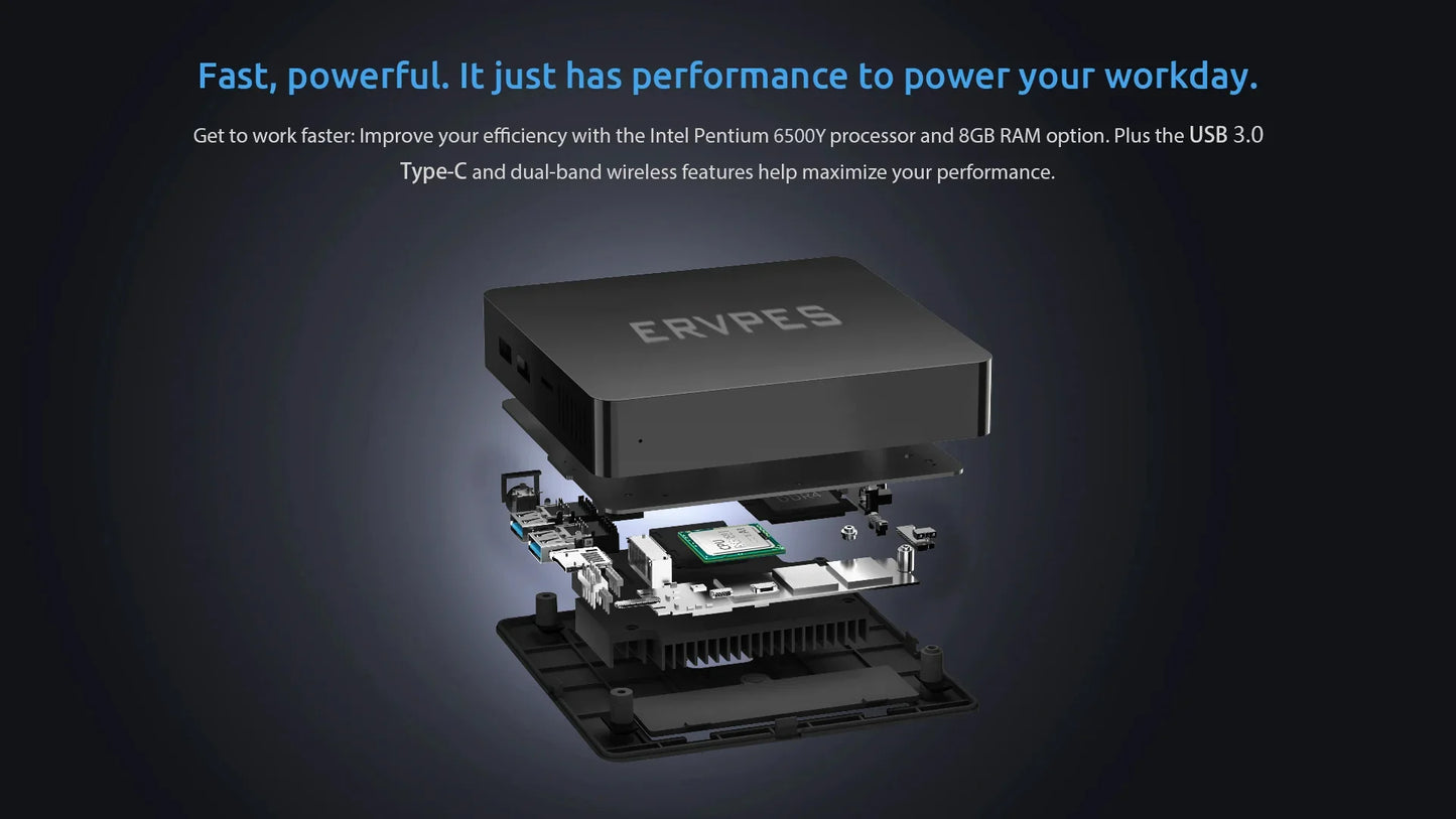 ERVPES B20E Mini PC – 8GB RAM 128GB SSD | Intel 6500Y | Windows 11 | WiFi BT5.2 HDMI