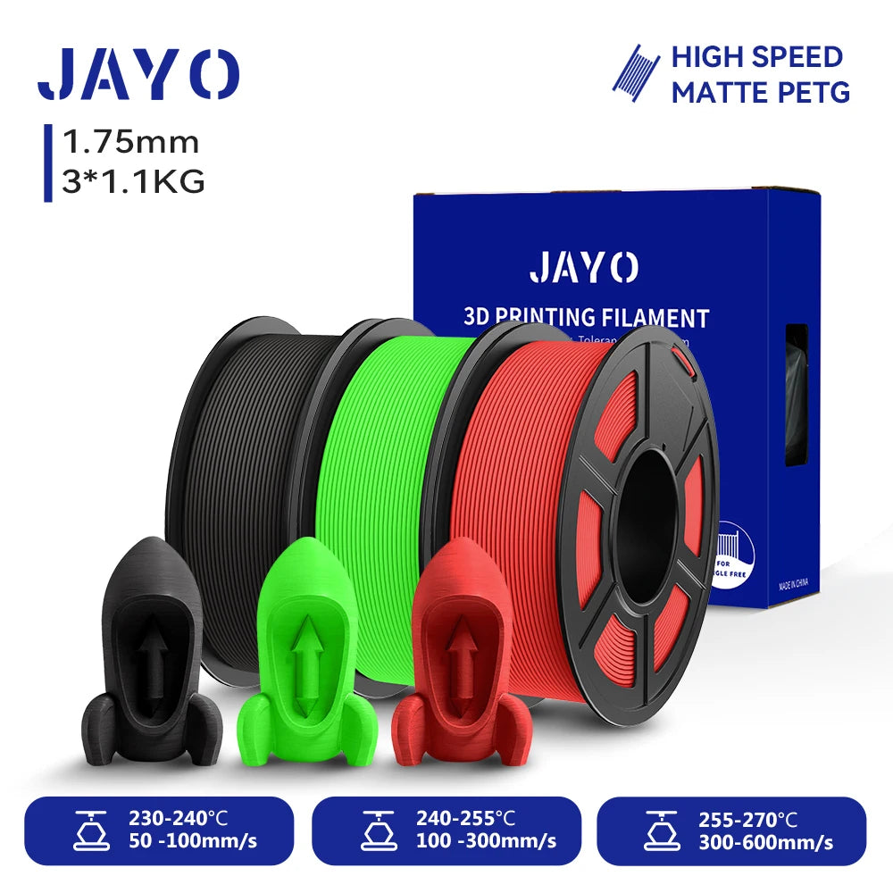 JAYO PETG/High Speed Matte PETG 3D Printing Filament 1.75MM Mix-Colors & No bubbles &Non-toxic For 3D Printer & Pen 3Rolls