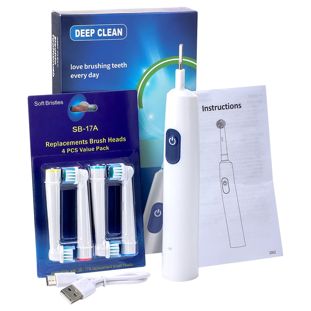 Round Rotating Electric Toothbrush – 5 Modes, 2 Timers, 4 Heads, Teeth Whitening