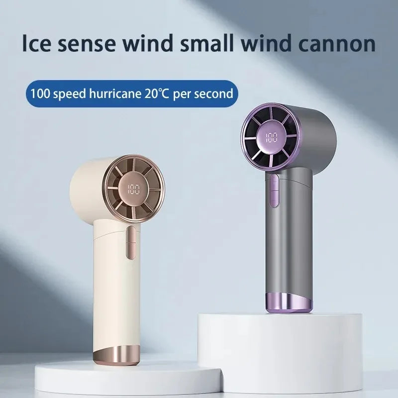 Portable handheld electric fan by R.E.D. Shopping with aluminum alloy body, digital display, large wind, and 100 speed settings.