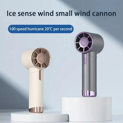 Portable handheld electric fan by R.E.D. Shopping with aluminum alloy body, digital display, large wind, and 100 speed settings.