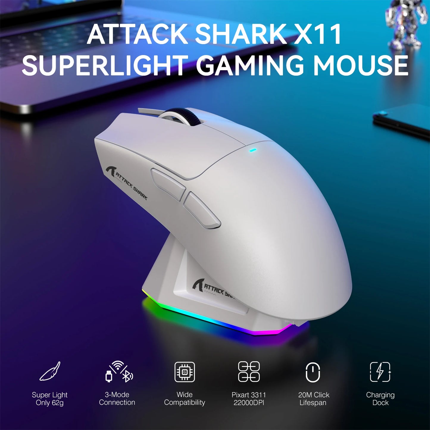 ATTACK SHARK X11 Lightweight Wireless Gaming Mouse – 22K DPI, PAW3311