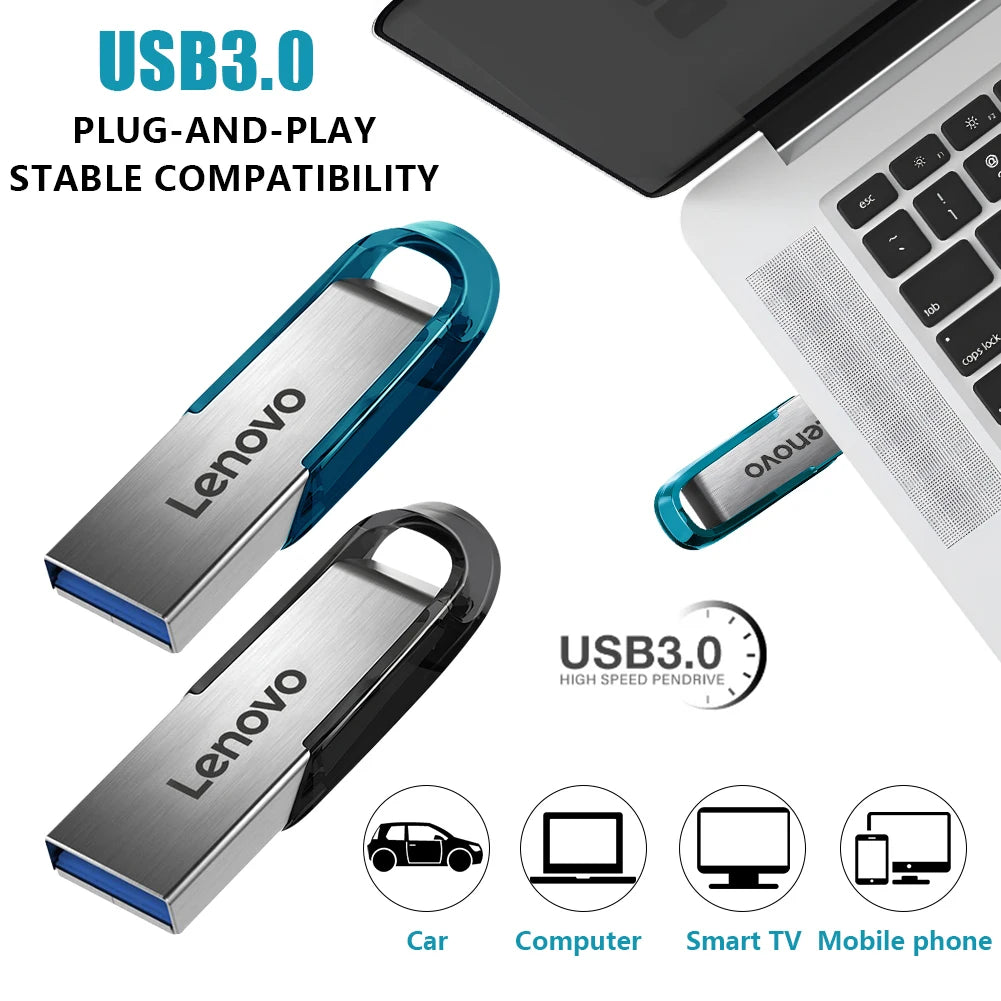 Lenovo high-speed USB 3.0 flash drive with waterproof metal case, up to 2TB storage, suitable for computers and data transfer.