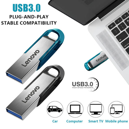 Lenovo high-speed USB 3.0 flash drive with waterproof metal case, up to 2TB storage, suitable for computers and data transfer.
