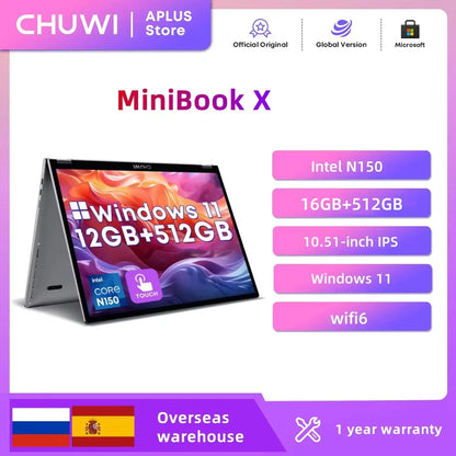 CHUWI MiniBook X 2-in-1 Laptop – Intel N150, 16GB LPDDR5, 512GB SSD, 10.51" 2K Touch, Windows 11