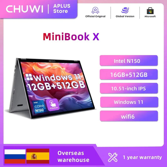 CHUWI MiniBook X 2-in-1 Laptop – Intel N150, 16GB LPDDR5, 512GB SSD, 10.51" 2K Touch, Windows 11