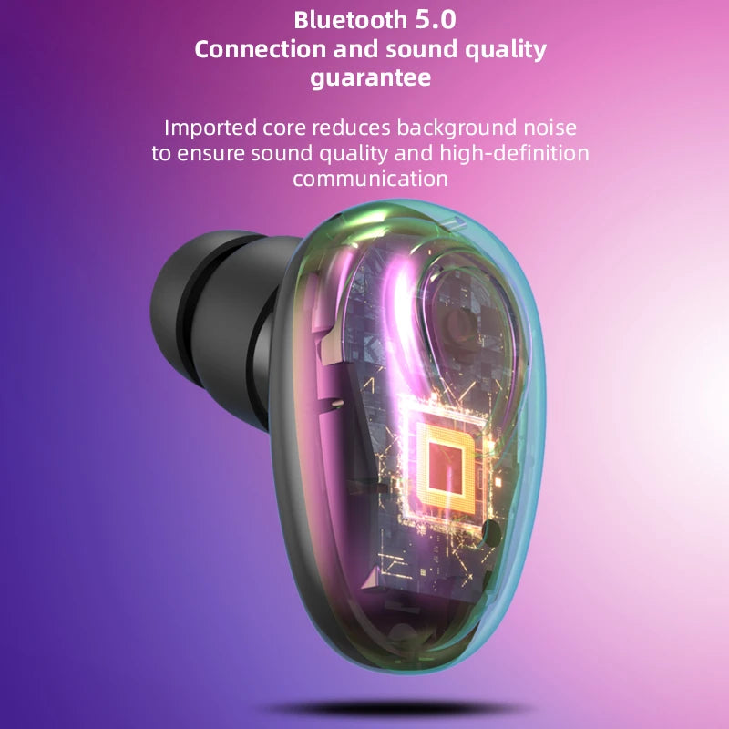 Mini invisible Bluetooth 5.0 earbuds from R.E.D. Shopping, wireless in-ear headphones with microphone and HiFi audio quality.