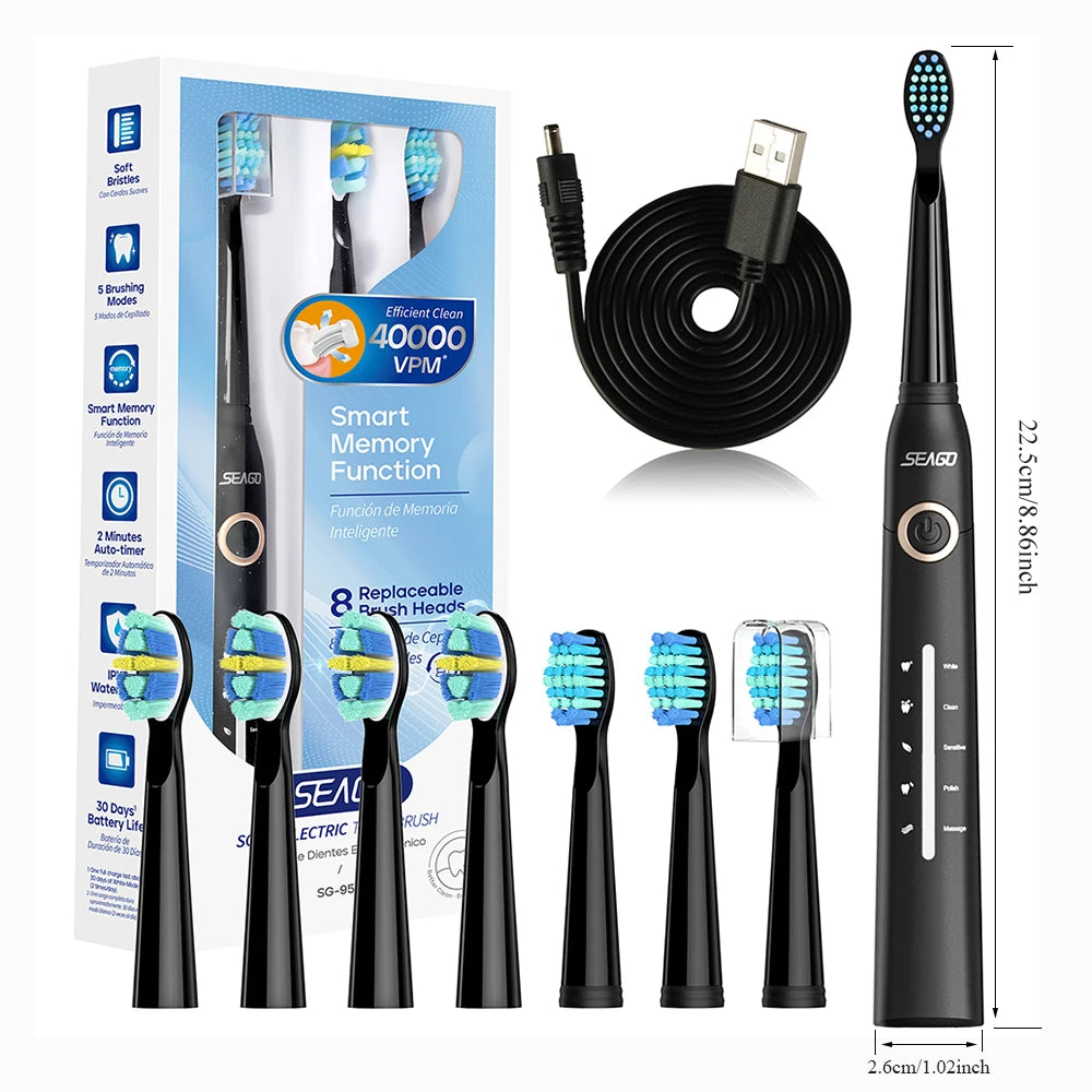 Seago SG-958 Fast Rechargeable Electric Toothbrush – Smart Auto, 8 Brush Heads, 5 Modes, IPX7 Waterproof