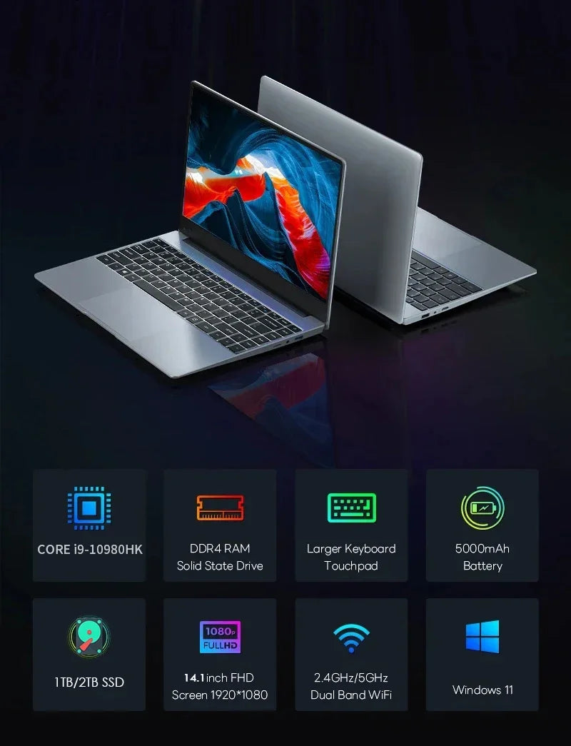 14.1" Portable Laptop – Intel Core i9-10980HK, 16GB RAM, up to 2TB SSD, Windows 11 Pro | Office & Gaming Notebook