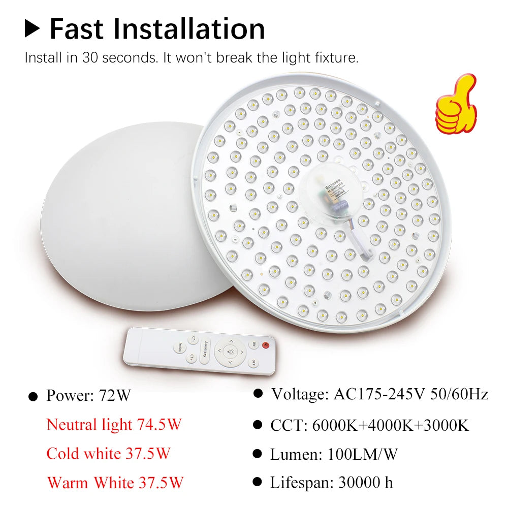 72W LED Ceiling Light Replacement Module – Dimmable, 220V, Round Panel