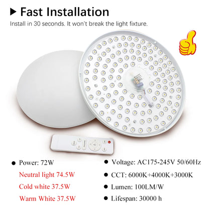 72W LED Ceiling Light Replacement Module – Dimmable, 220V, Round Panel