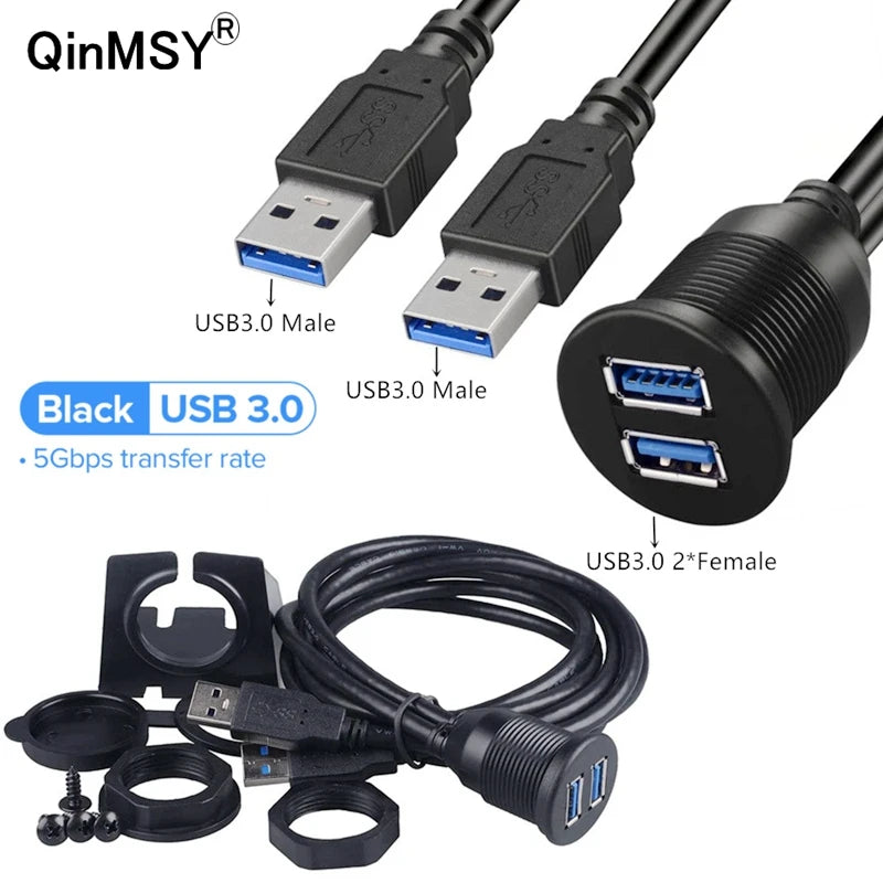 USB Panel Flush Mount Extension Cable with LED – USB 2.0/3.0, 1m/2m, for Car, Boat & Dashboard