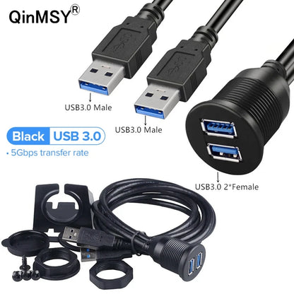 USB Panel Flush Mount Extension Cable with LED – USB 2.0/3.0, 1m/2m, for Car, Truck, Boat, Motorcycle Dashboard