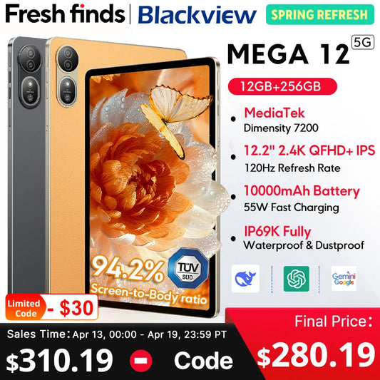 Blackview MEGA 12 Tablet 5G – 12.2" 2.4K 120Hz, Dimensity 7200, IP69K, 10000mAh