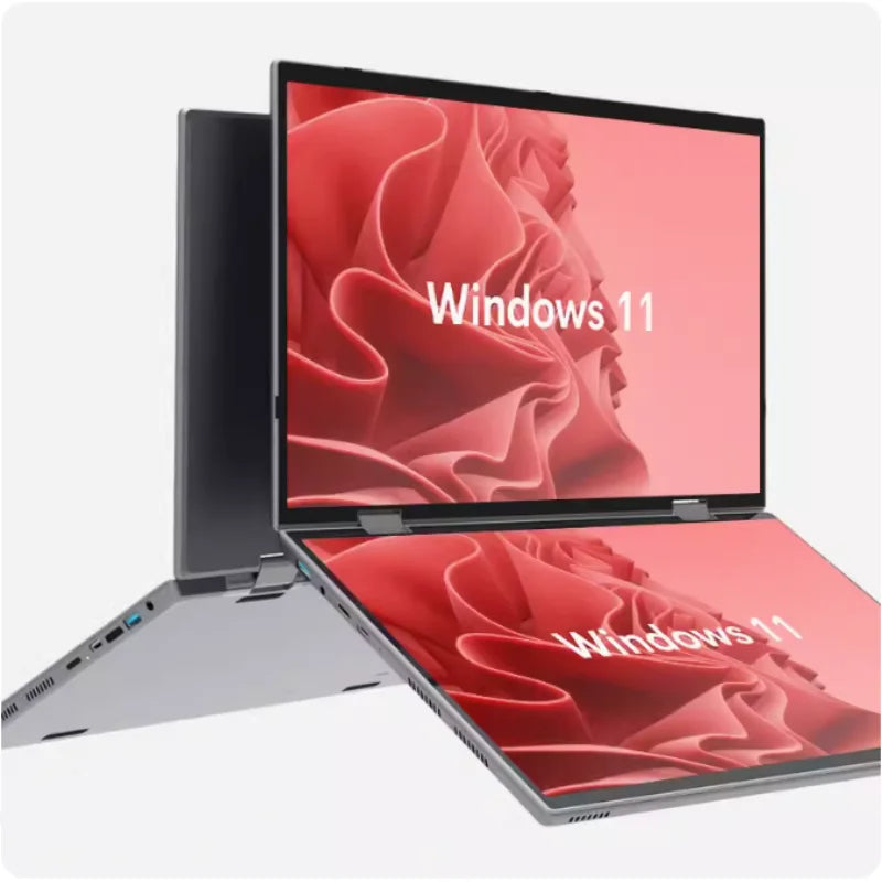 Intel N100 dual-screen laptop with 14-inch 2K touch display, 32GB RAM, 360-degree flip metal case, 2-in-1 design.