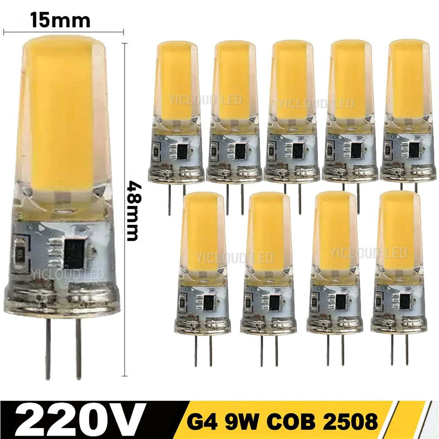 10pcs G4 / G9 / E14 LED COB Bulbs – Dimmable 6W 9W, 12V/220V, Halogen Replacement