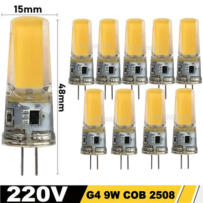 10pcs G4 / G9 / E14 LED COB Bulbs – Dimmable 6W 9W, 12V/220V, Halogen Replacement