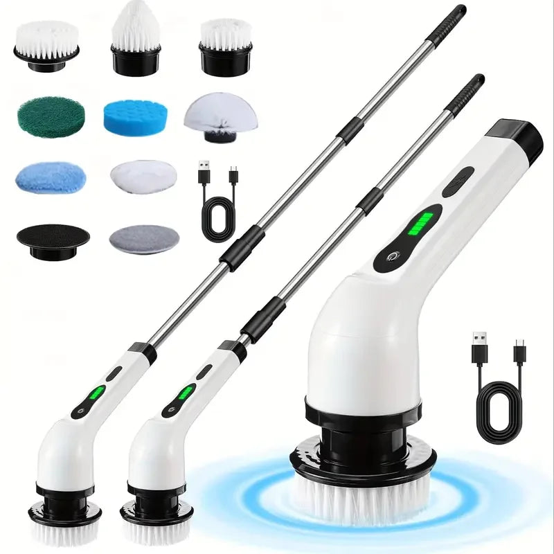 Cordless electric spin scrubber by R.E.D. Shopping with multiple brush attachments and LED light for household cleaning.