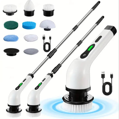 Cordless electric spin scrubber by R.E.D. Shopping with multiple brush attachments and LED light for household cleaning.