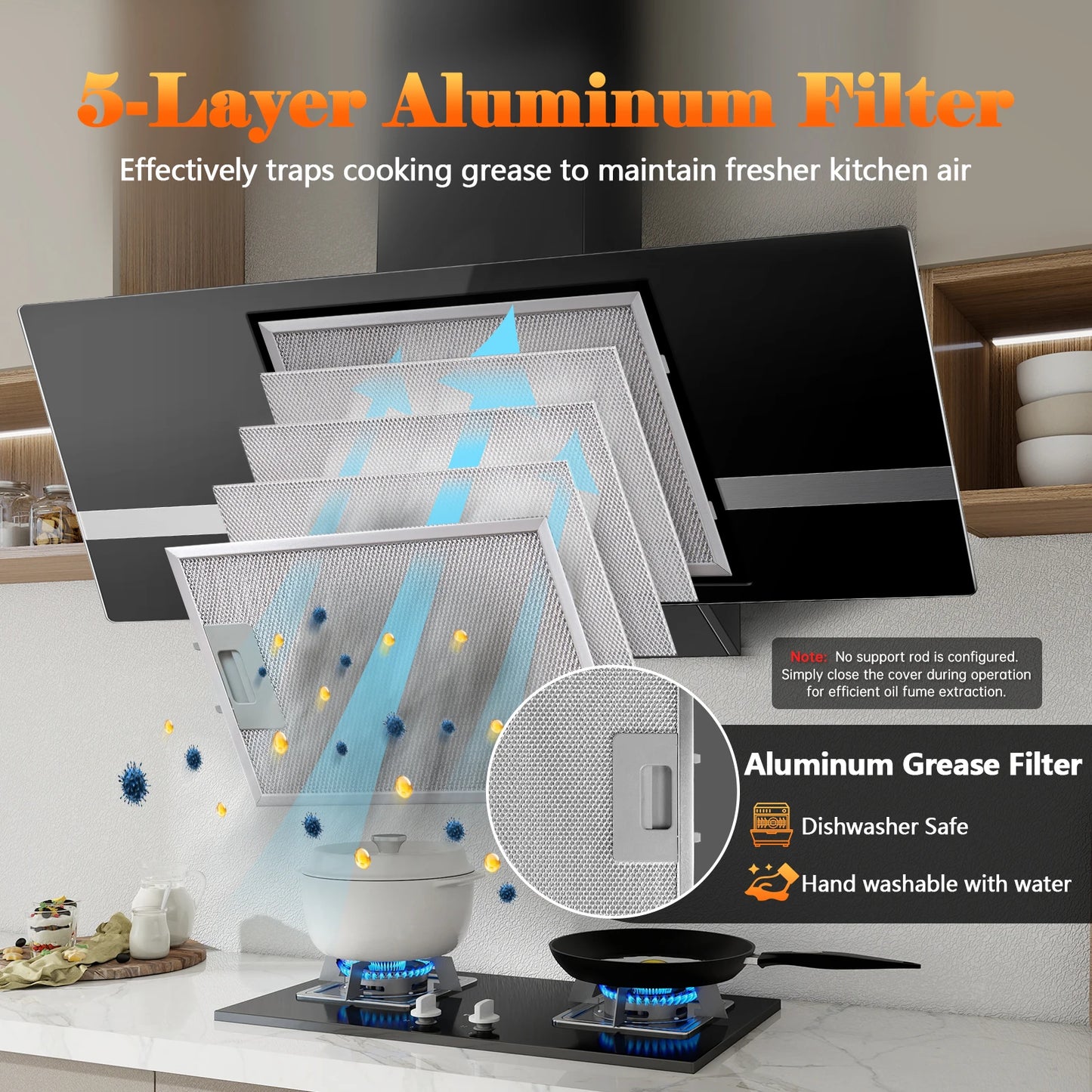 90cm Wall-Mounted Range Hood – A+++ Energy Class, 400m³/h, Touch Control, LED, Black Stainless Steel/Glass, 58dB