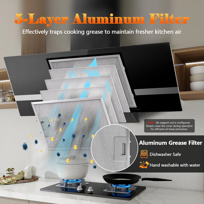 90cm Wall-Mounted Range Hood – A+++ Energy Class, 400m³/h, Touch Control, LED, Black Stainless Steel/Glass, 58dB