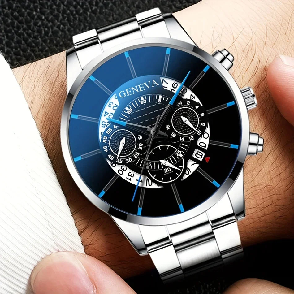 Men's Quartz Watch Set – 3-Piece Stainless Steel Strap, Circular Dial, Date Function