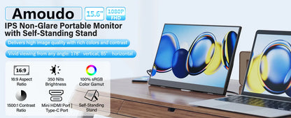 Amoudo 15.6" Portable Monitor – 1080P IPS, USB-C, Mini HDMI, VESA, Penhole Stand