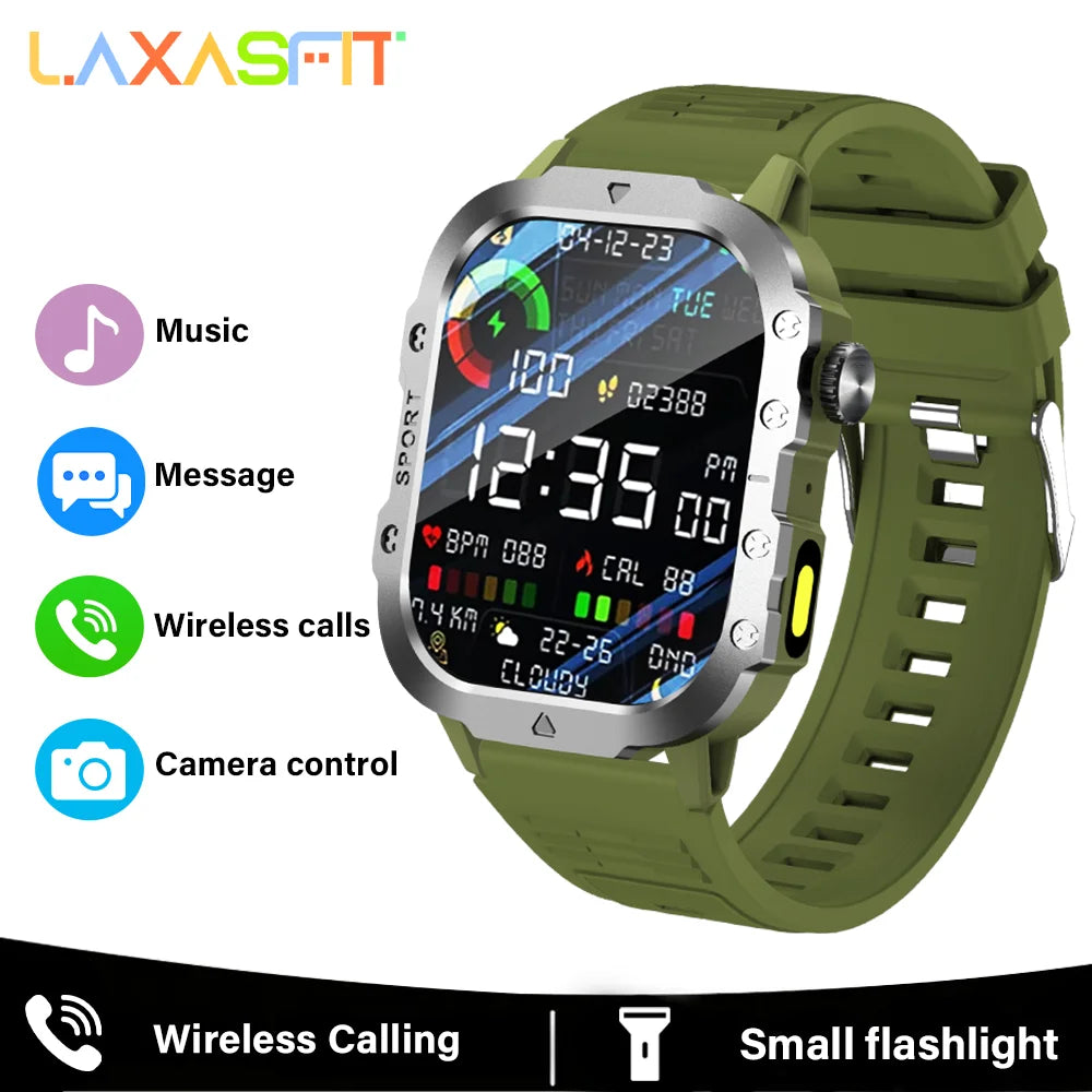 LAXASFIT Outdoor Smart Watch 2025 – 2.01" HD Screen, LED Flashlight, Bluetooth Voice Call