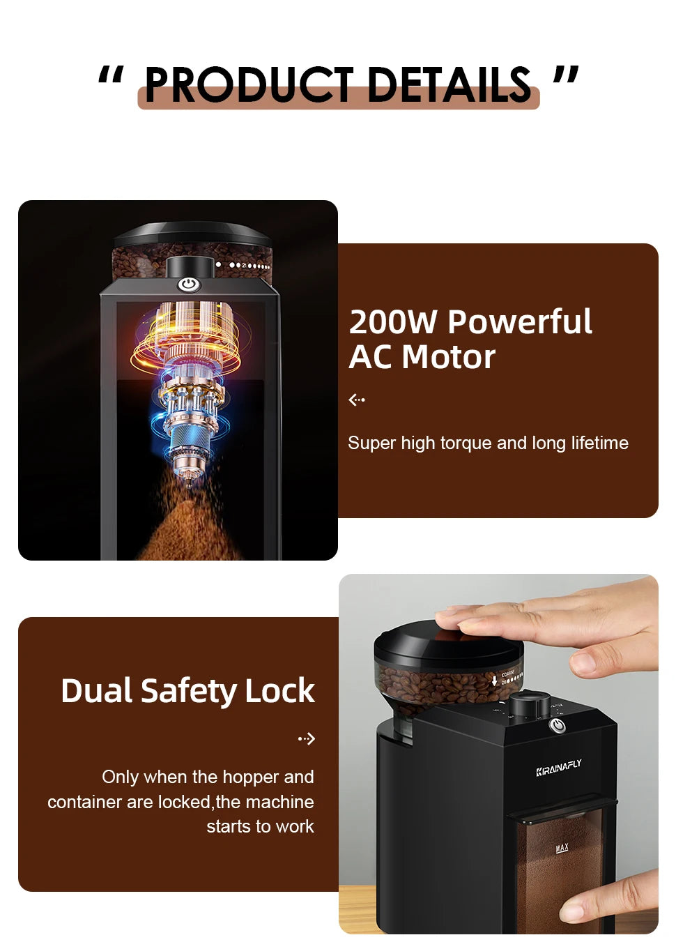 KIRAINAFLY Electric Burr Coffee Grinder – 28 Grind Settings for Espresso & Drip