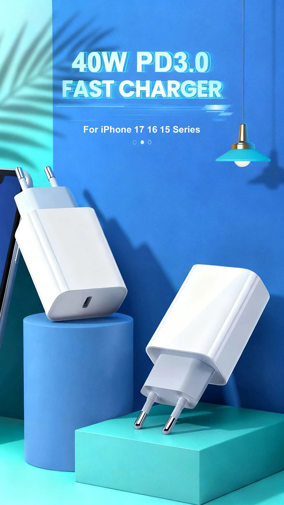 40W USB-C Fast Charger - Dual Port PD Quick Charge Wall Adapter