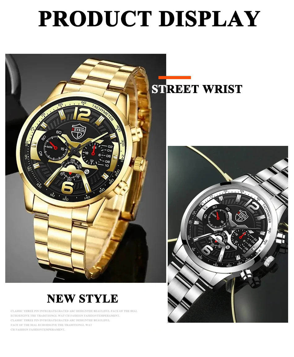 DEYROS 5-piece men's watch and jewelry gift set by R.E.D. Shopping includes quartz calendar watch, necklace, and bracelet on a display.
