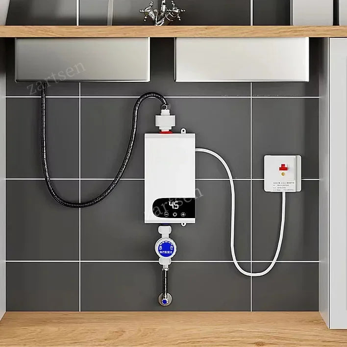 Portable 220V 4500W R.E.D. Shopping electric water heater for bathroom shower and kitchen heating, compact and efficient.