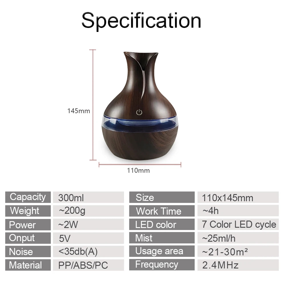 Miflame 300ml Ultrasonic Aroma Diffuser – 7-Color LED, USB Rechargeable, Cool Mist Humidifier for Home & Bedroom