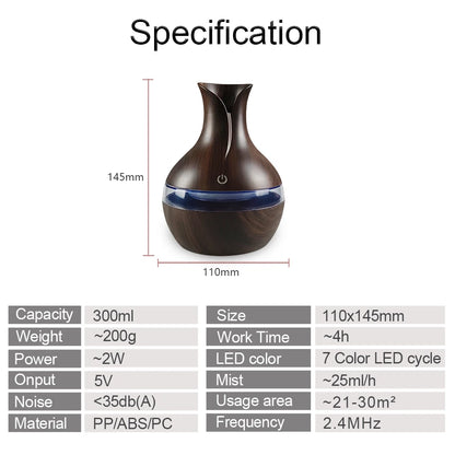 Miflame 300ml Ultrasonic Aroma Diffuser – 7-Color LED, USB Rechargeable, Cool Mist Humidifier for Home & Bedroom