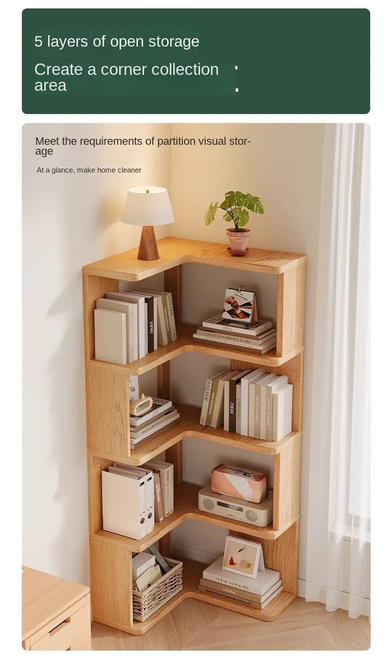 Solid wood corner bookshelf rack by R.E.D. Shopping, multi-layer storage for home living room corner, simple standing bookcase.