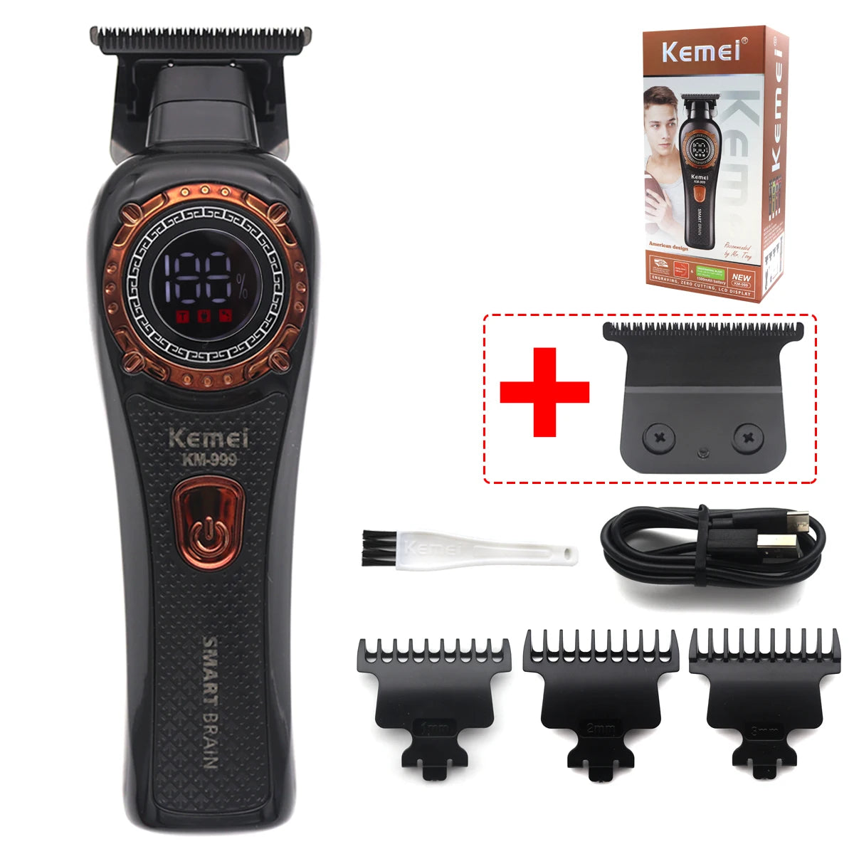 Kemei KM-999 Professional Hair Trimmer – DLC T-Blade, Zero Gap, LED Display, Cordless USB Clipper