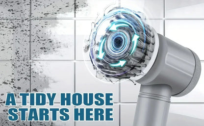 Electric Spin Scrubber from R.E.D. Shopping with five replaceable cleaning heads, cordless bathroom cleaning brush in use.