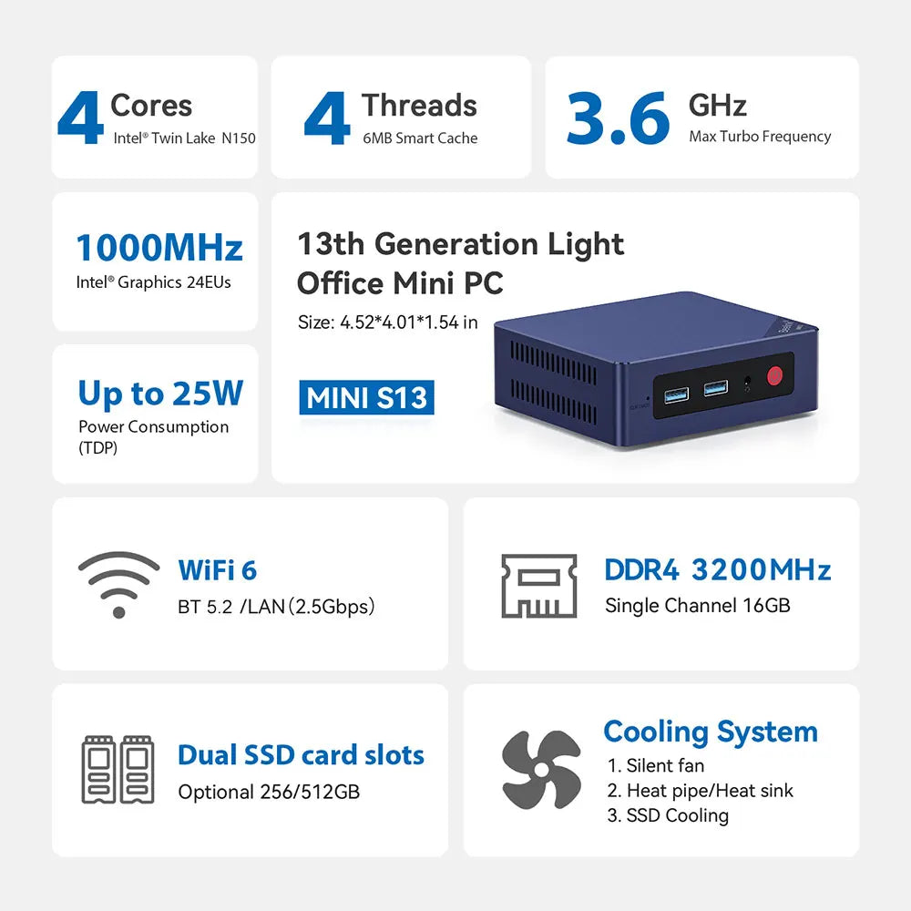 Beelink Mini S13 Mini PC – Intel N150, 16GB DDR4, 500GB SSD, 3200MHz, Windows 11