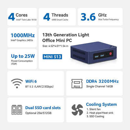 Beelink Mini S13 Mini PC – Intel N150, 16GB DDR4, 500GB SSD, 3200MHz, Windows 11