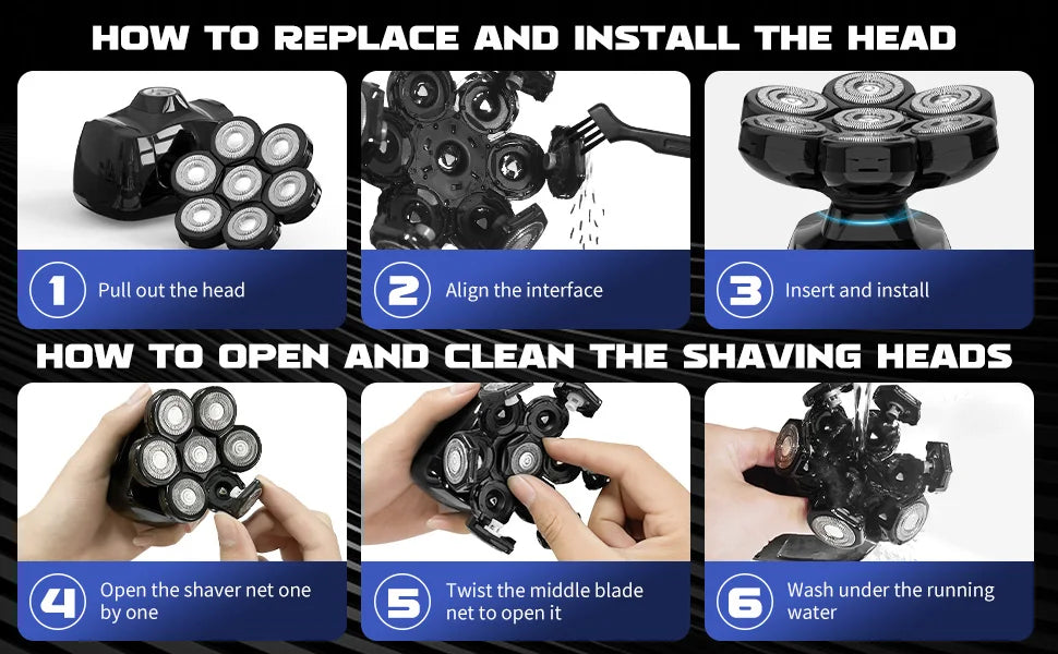 SEJOY 7D Head Shaver for Men – 6-in-1 Electric Razor, Nose Trimmer, Waterproof, 85min Runtime