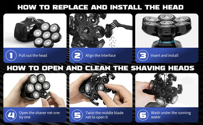 SEJOY 7D Head Shaver for Men – 6-in-1 Electric Razor, Nose Trimmer, Waterproof, 85min Runtime