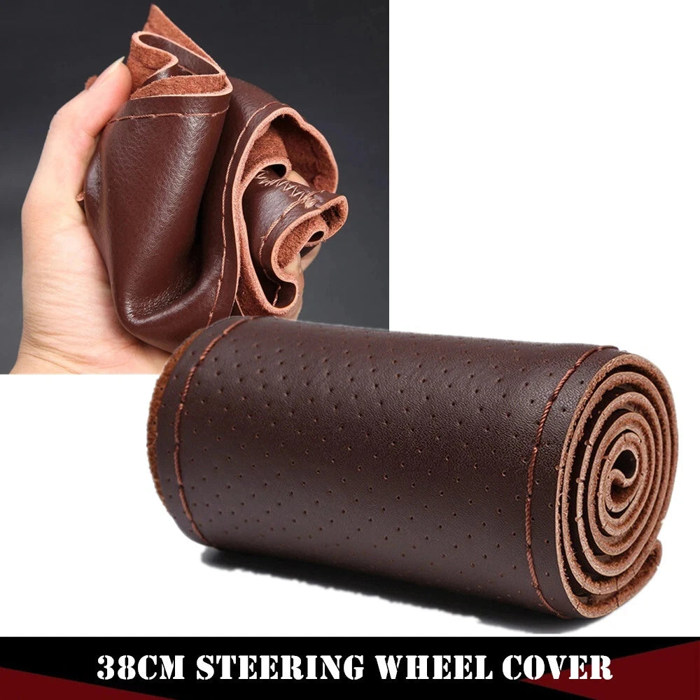 Genuine Leather Braid Steering Wheel Cover | 38cm Hand-Sewn Cowhide with Needles & Thread