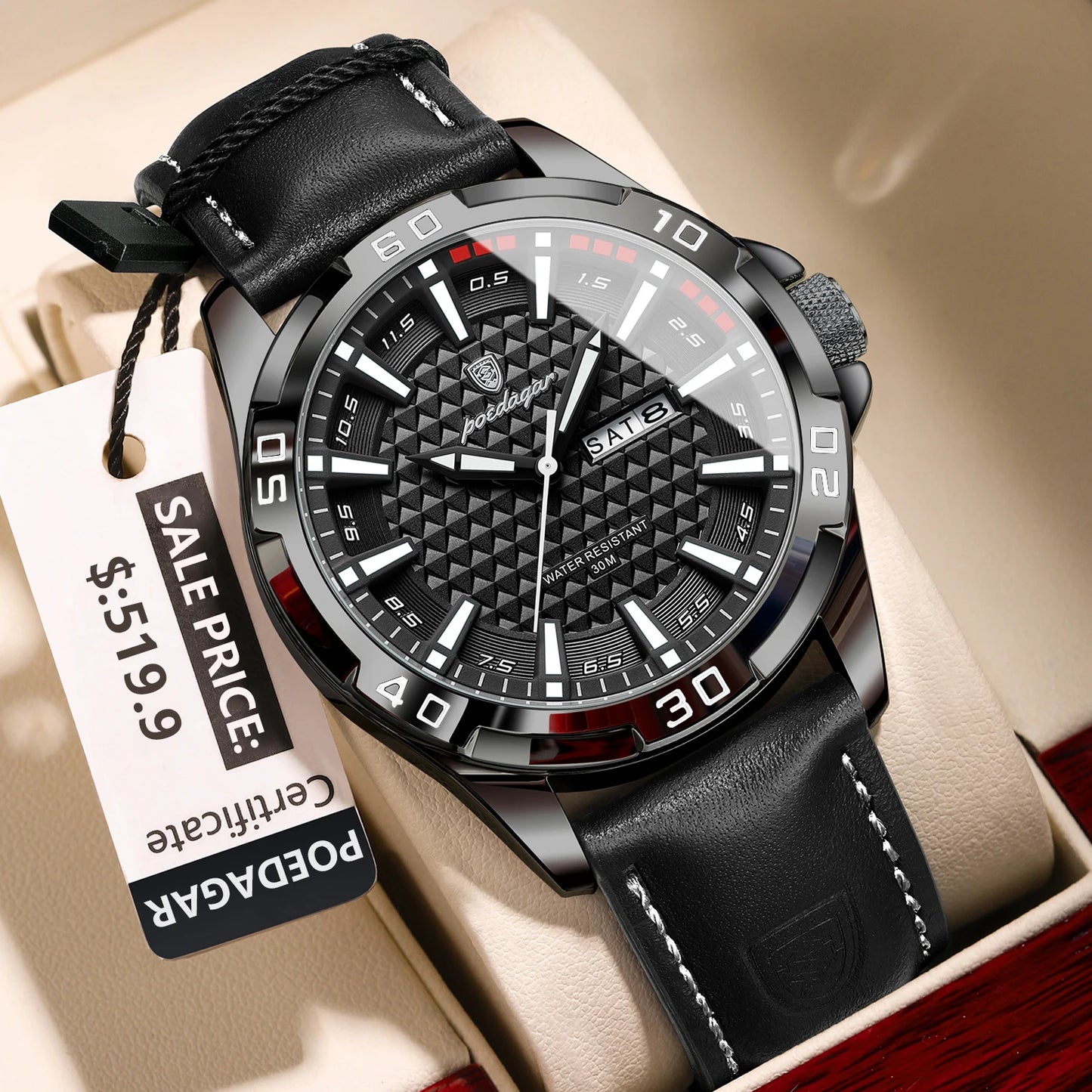 POEDAGAR Men's Luxury Wristwatch – Waterproof, Luminous, Date & Week Display, Quartz Sport Leather