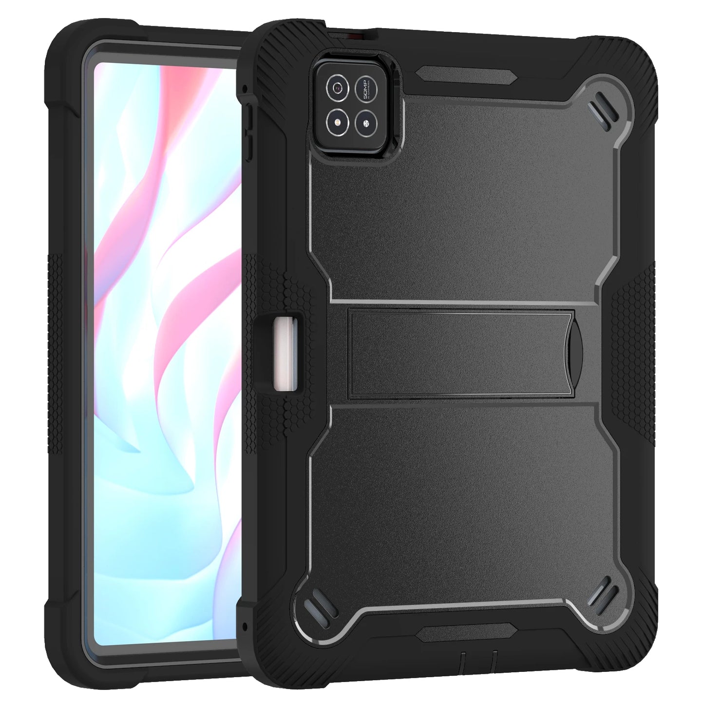 Red rugged tablet case with kickstand and pen slot for Xiaomi Pad 7 and Pad 7 Pro, full-body protective cover, black color