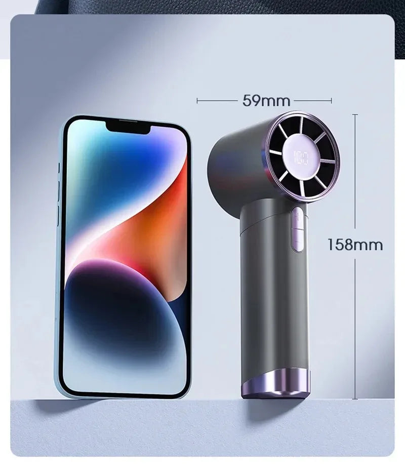 Portable R.E.D. Shopping handheld electric fan with aluminum alloy body, digital display, multiple speed settings, and rechargeable battery.