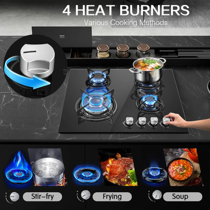TopStrong 60cm 4-Burner Built-In Gas Hob – Black Tempered Glass, 8060W Dual Fuel