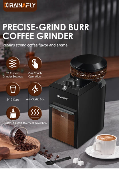 KIRAINAFLY Automatic Burr Mill Coffee Grinder 200W | 28 Grind Settings