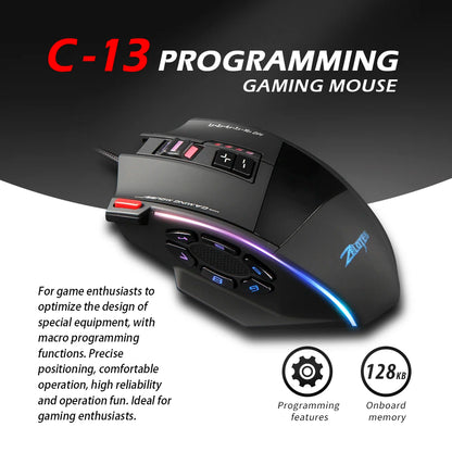 ZELOTES C13 Wired Gaming Mouse | 13 Keys | 10000 DPI | RGB | Laser Sensor | For Laptop & PC