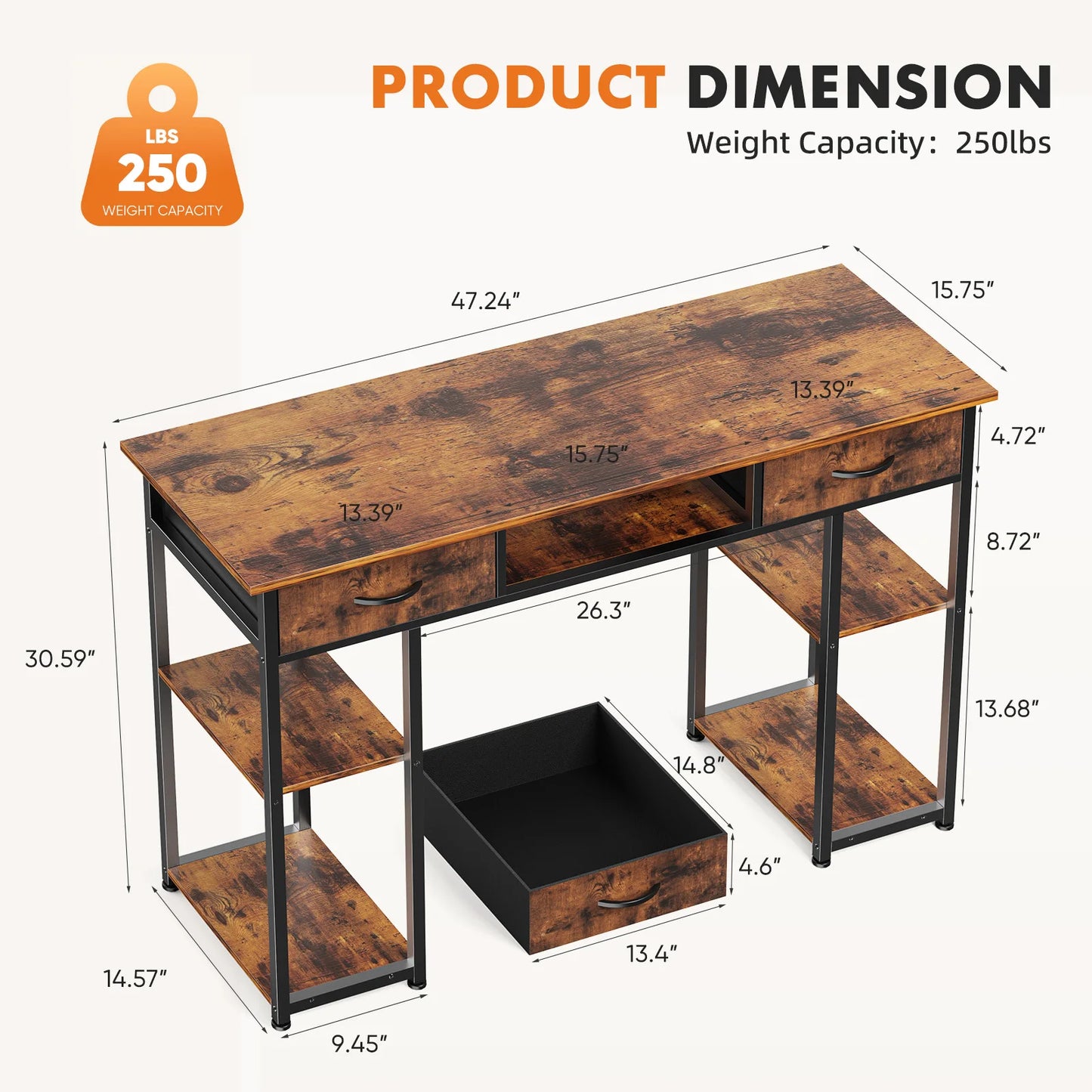 JHK 48" Gaming Desk with Fabric Drawers & Storage Shelves – Metal Frame Home Office